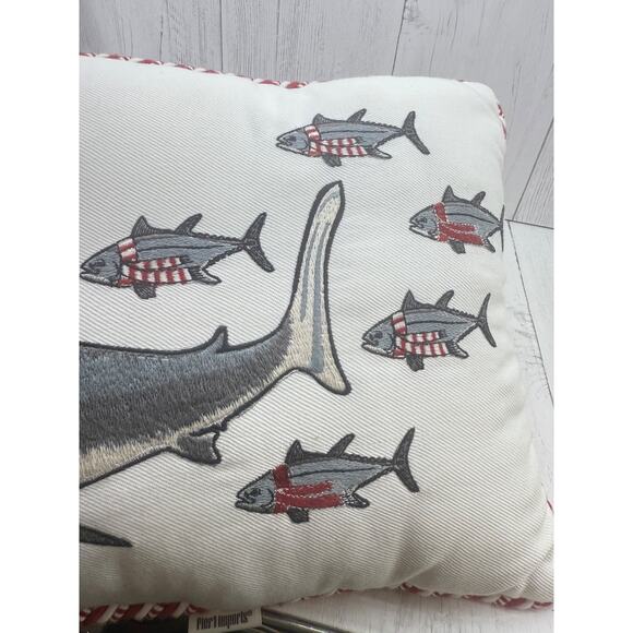 Pier 1 Shark Santa Hat Fish Scarves Christmas Pillow 11" x 15" Vtg White Red - Picture 7 of 7